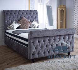 Chesterfield Sleigh Bed Frame - Grey Chenille Fabric or Velvets
