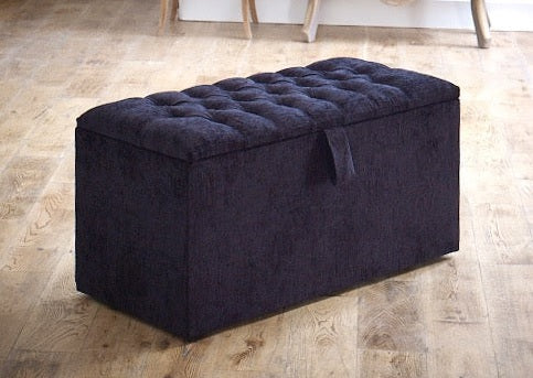 Large Ottoman Storage Box - Black Fabric Chesterfield Toy and Blanket Box