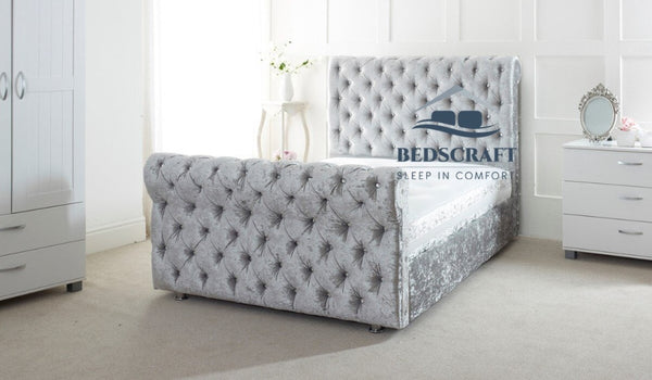 Neo Chesterfield Sleigh Bed - Grey Crushed Velvet Beds