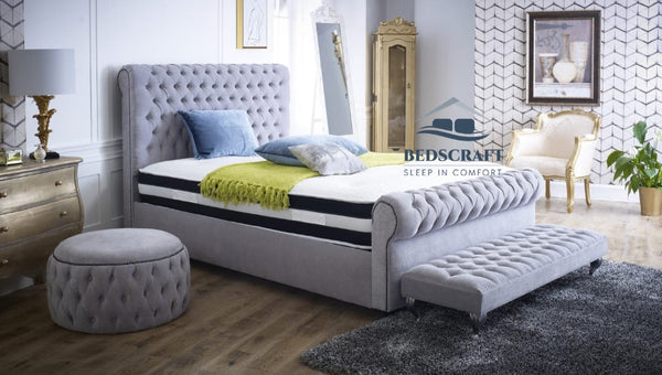 Quebec Chesterfield Sleigh Bed - Designer Beds - Crushed Velvet - Plush Velvet