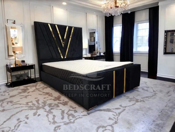 Siena Bed | Tall Headboard with gold V shapes | Beds Craft